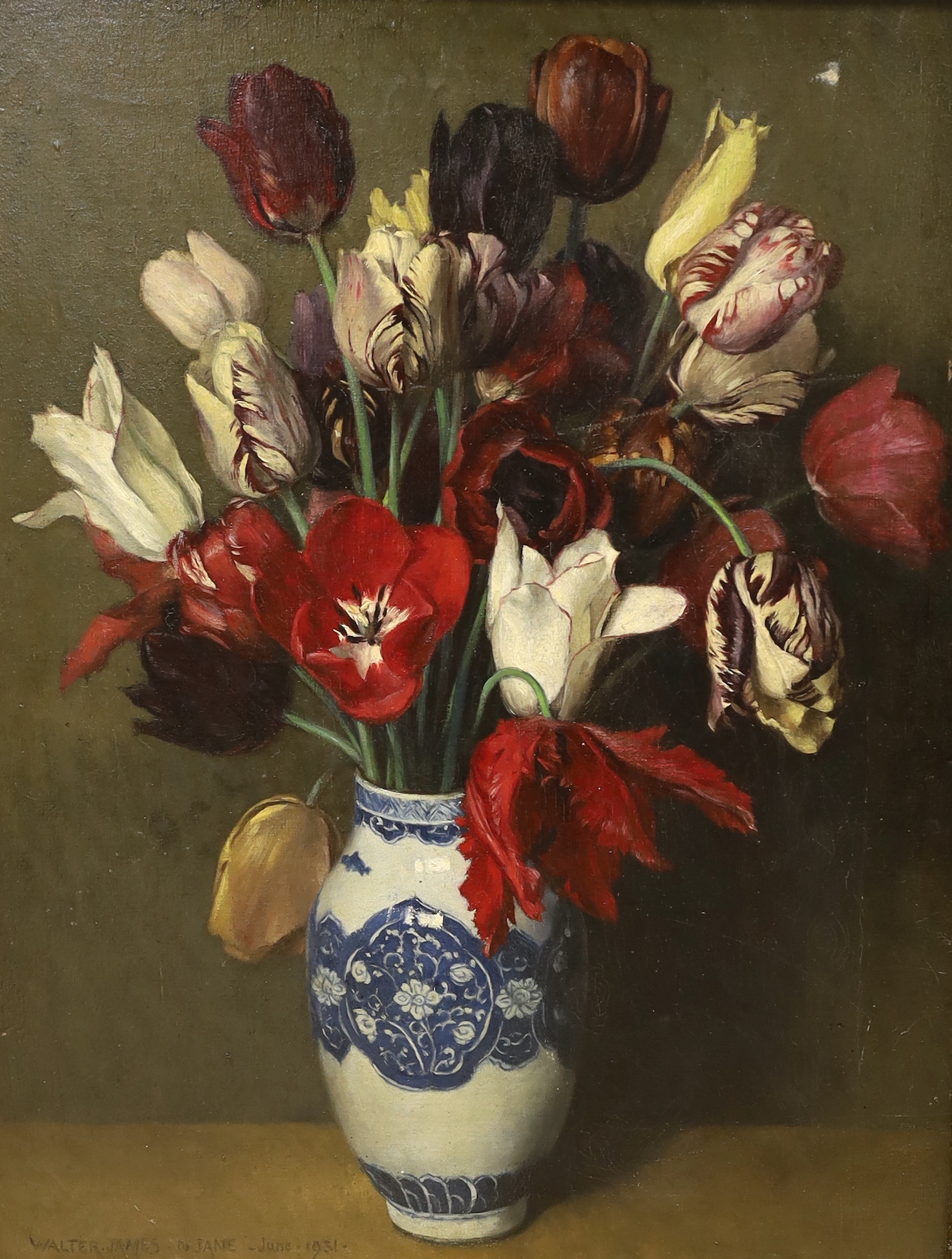 The Hon. Walter John James RBA (1869-1932), oil on canvas, Still life of tulips in a vase, signed and dated June 1931, 59 x 45cm